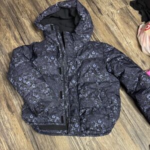 three in 1 all in motion Black Floral Puffer Jacket with Blue Accents